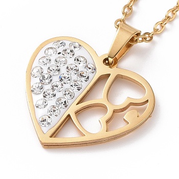Crystal Rhinestone Heart Pendant Necklace with Vacuum Plating 304 Stainless Steel Chains for Women, Golden, 17.52 inch(44.5cm)