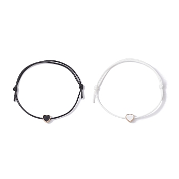 2Pcs 2 Colors Alloy Enamel Heart Braided Bead Bracelets Set, Waxed Polyester Cords Adjustable Bracelets, White & Black, Inner Diameter: 3-1/2 inch(9cm), 1Pc/color