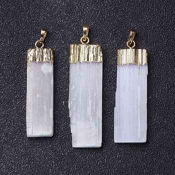 Natural Selenite Big Pendants, Rectangle Charms, with Rack Plating Brass Findings, Golden, 52~61x14~19x5~7mm, Hole: 8x5mm