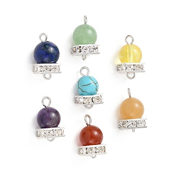 7Pcs 7 Style Chakra Mixed Gemstone Connector Charms, Round Links, with Brass Crystal Rhinestone Spacer Beads, 16x8x8mm, Hole: 1.8mm, 1pc/style