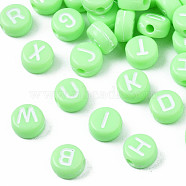 Opaque Acrylic Beads, Horizontal Hole, Mixed Letters, Flat Round with Letter, Random Letters, Pale Green, 7x4mm, Hole: 1.5mm, about 3700pcs/500g(MACR-S273-11C)