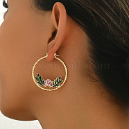 Geometric Retro Casual Hoop Earrings, Real 18K Gold Plated, with Rhinestone, Flower, 43x40mm(ER1344-2)