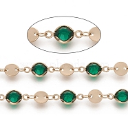 Handmade Flat Round Glass Beaded Chains, with Brass Links, Long-Lasting Plated, Soldered, with Spool, Green, Light Gold, 13x7x3mm, about 32.8 Feet(10m)/roll(CHC-G008-04LG-01)