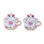 Printed Alloy Pendants, Teacup with Cat, Light Gold, Hot Pink, 22.5x23x2.5mm, Hole: 2mm(ENAM-Z018-01KCG-02)