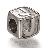 304 Stainless Steel European Beads, Large Hole Beads, Horizontal Hole, Cube with Letter, Stainless Steel Color, Letter.J, 8x8x8mm, Hole: 4.5mm(OPDL-L020-001J)