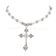 Natural Pearl with Cross Alloy Pendant Necklaces, Antique Silver, 15.94 inch(40.5cm)(NJEW-JN04813)