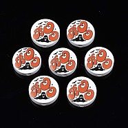 Halloween Printed Natural Wood Beads, Flat Round with Bat & Ghost & Word BOO, Orange Red, 19~20x5.9mm, Hole: 2~2.2mm(WOOD-T021-80)