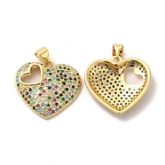 Brass Micro Pave Cubic Zirconia Pendants, Heart Charms, Golden, Colorful, 21x22x4mm, Hole: 5x3.5mm(KK-A180-03G-02)