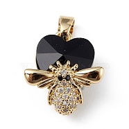 Real 18K Gold Plated Rack Plating Brass Micro Pave Clear Cubic Zirconia Pendants, with Glass, Long-Lasting Plated, Cadmium Free & Lead Free, Bee with Heart Charm, Black, 19x16x10mm, Hole: 3.5x5mm(KK-C015-32G-06)