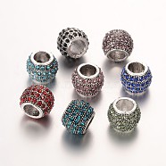 Antique Silver Plated Alloy Rhinestone European Beads, Large Hole Rondelle Beads, Mixed Color, 12x9mm, Hole: 5.5mm(CPDL-E036-E)