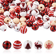 Beadthoven 100Pcs 5 Style Christmas Themed Dyed Natural Wooden Beads, Round with Mixed Print Pattern, Mixed Color, 16.5x15mm, hole: 4mm(WOOD-BT0001-07)