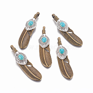 Tibetan Style Alloy Big Pendants, with Synthetic Turquoise, Feather, Antique Bronze, 65x15x8.5mm, Hole: 4x6mm(TIBEP-G010-01AB)