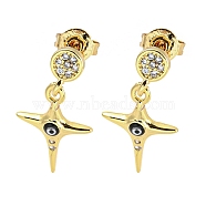 Star Real 18K Gold Plated Brass Dangle Stud Earrings, with Enamel and Cubic Zirconia, Black, 20x10.5mm(EJEW-L269-107G-02)