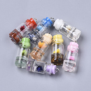Glass Bottle Pendant Decorations, with Natural Gemstone & Dried Flower, Resin Tampions and Platinum Plated Iron Findings, 28~29x11mm, Hole: 1.8mm(X-GLAA-S181-12)