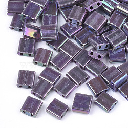 2-Hole Glass Seed Beads, Rainbow Plated, Square, Purple, 5x4.5~5.5x2~2.5mm, Hole: 0.5~0.8mm(SEED-S023-19C-02)