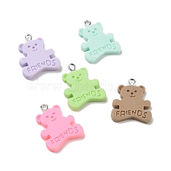 Opaque Resin Pendants, with Platinum Plated Iron Loops, Bear Charm with Word Friends, Mixed Color, 27x21x4mm, Hole: 2.5mm(RESI-C026-01P)