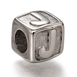 304 Stainless Steel European Beads, Large Hole Beads, Horizontal Hole, Cube with Letter, Stainless Steel Color, Letter.J, 8x8x8mm, Hole: 4.5mm(OPDL-L020-001J)