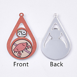 Acrylic Pendants, PVC Printed on the Front, Film and Mirror Effect on the Back, teardrop, with Constellation, Cancer, Cancer, 29.5x18x2mm, Hole: 1.5mm(X-OACR-S035-16G)