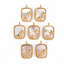 Natural Shell Pendants, with Brass Findings, Long-Lasting Plated, Cadmium Free & Lead Free, Rectangle & Cross, Light Gold, 15.5x10.5x4.5mm, Hole: 1.2mm(KK-T060-67-RS)