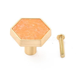 Hexagon with Marble Pattern Brass Box Handles & Knobs, with Resin Cabochons and Iron Screws, Matte Gold Color, Orange, 29.5x34x24.5mm, Hole: 3.5mm(DIY-P054-C08)