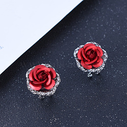 Alloy Rhinestone Stud Earrings, Flower, Platinum, FireBrick, 18x18mm(WG72A22-01)