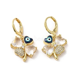 Clover with Evil Eye Real 18K Gold Plated Brass Dangle Leverback Earrings, with Enamel & Cubic Zirconia, Prussian Blue, 30x17.5mm(EJEW-Q797-20G)