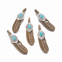 Tibetan Style Alloy Big Pendants, with Synthetic Turquoise, Feather, Antique Bronze, 65x15x8.5mm, Hole: 4x6mm(TIBEP-G010-01AB)