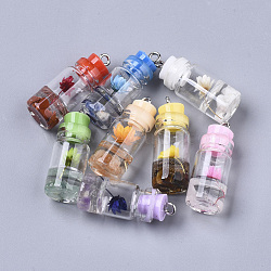 Glass Bottle Pendant Decorations, with Natural Gemstone & Dried Flower, Resin Tampions and Platinum Plated Iron Findings, 28~29x11mm, Hole: 1.8mm(X-GLAA-S181-12)