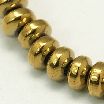 Non-Magnetic Synthetic Hematite Beads Strands, Grade A, Flat Round/Disc, Golden Plated, 3x2mm, Hole: 0.5mm, about 206pcs/strand, 16 inch