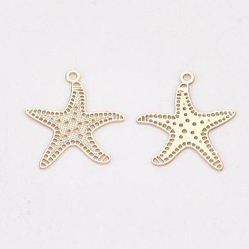 Brass Charms, Etched Metal Embellishments, Long-Lasting Plated, Starfish/Sea Stars, Light Gold, 14x13x0.3mm, Hole: 1mm