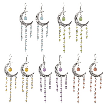 Tibetan Style Alloy Hollow Moon Chandelier Earrings, Natural Mixed Gemstone Tassel Long Drop Earrings, 115~120x31mm