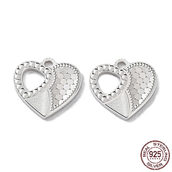 925 Sterling Silver Charms, Heart with Polka Dot Charm, Textured, Real Platinum Plated, 12x13x1.2mm, Hole: 1.5mm