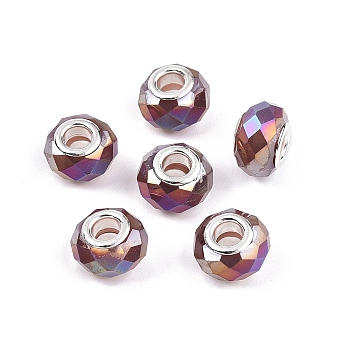 Imitation Jade Glass European Beads, Large Hole Beads, with Brass Cores, AB Color Plated, Faceted, Rondelle, Medium Orchid, 13.5~14x9~9.5mm, Hole: 5mm