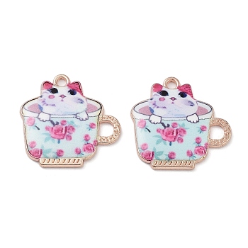 Printed Alloy Pendants, Teacup with Cat, Light Gold, Hot Pink, 22.5x23x2.5mm, Hole: 2mm