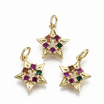 Brass Micro Pave Colorful Cubic Zirconia Charms, with Jump Rings, Nickel Free, Star, Real 16K Gold Plated, 14x12x3mm, Jump Ring: 5x0.8mm, 3.4mm inner diameter