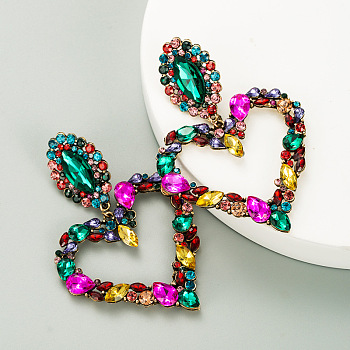 Rhinestone Heart Long Dangle Stud Earrings, Alloy Jewelry for Women, Colorful, 80x55mm