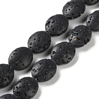 Natural Lava Rock Dyed Beads Strands, Flat Oval, Black, 10~11x8~8.5x4mm, Hole: 0.6mm, about 36pcs/strand, 14.80''(37.6cm)