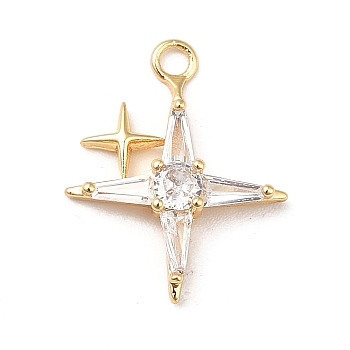 Brass Cubic Zirconia Pendants, Real 18K Gold Plated, Sparkling Star Charm, Clear, 16x14x3mm, Hole: 1.6mm