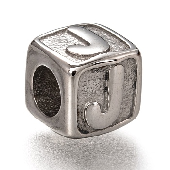 304 Stainless Steel European Beads, Large Hole Beads, Horizontal Hole, Cube with Letter, Stainless Steel Color, Letter.J, 8x8x8mm, Hole: 4.5mm