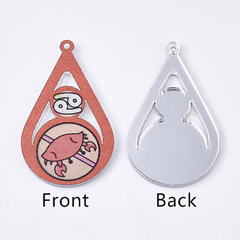Acrylic Pendants, PVC Printed on the Front, Film and Mirror Effect on the Back, teardrop, with Constellation, Cancer, Cancer, 29.5x18x2mm, Hole: 1.5mm