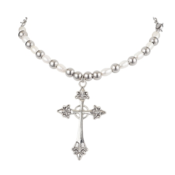Natural Pearl with Cross Alloy Pendant Necklaces, Antique Silver, 15.94 inch(40.5cm)