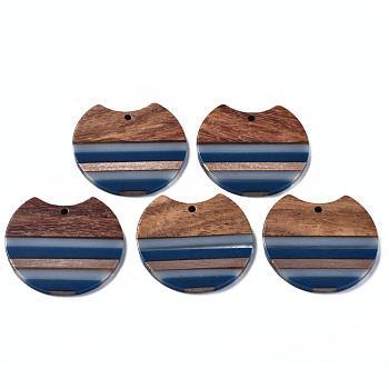 Resin & Walnut Wood Pendants, Gap Flat Round, Prussian Blue, 34x37x3mm, Hole: 1.8mm