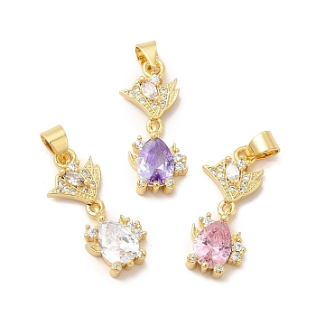 Rack Plating Brass Micro Pave Cubic Zirconia Pendants, Cadmium Free & Lead Free, Long-Lasting, Flower & Teartrop, Mixed Color, 24x10x7mm, Hole: 3x5mm