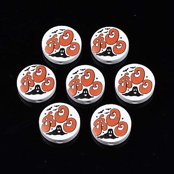Halloween Printed Natural Wood Beads, Flat Round with Bat & Ghost & Word BOO, Orange Red, 19~20x5.9mm, Hole: 2~2.2mm