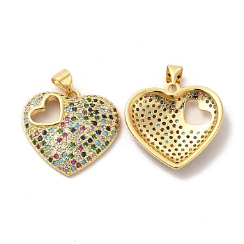 Brass Micro Pave Cubic Zirconia Pendants, Heart Charms, Golden, Colorful, 21x22x4mm, Hole: 5x3.5mm