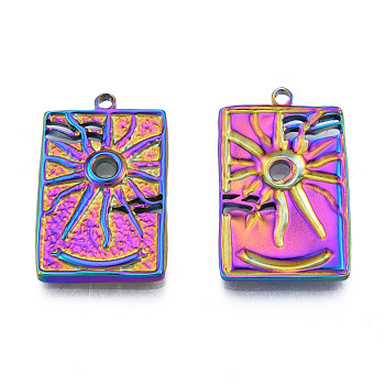 Ion Plating(IP) 304 Stainless Steel Pendants, Rectangle with Sun, Rainbow Color, 30x18.5x3mm, Hole: 2mm