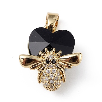 Real 18K Gold Plated Rack Plating Brass Micro Pave Clear Cubic Zirconia Pendants, with Glass, Long-Lasting Plated, Cadmium Free & Lead Free, Bee with Heart Charm, Black, 19x16x10mm, Hole: 3.5x5mm