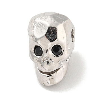 Brass Micro Pave Black Cubic Zirconia Beads, Skull, Platinum, 8.5x7.5x9mm, Hole: 1.6mm