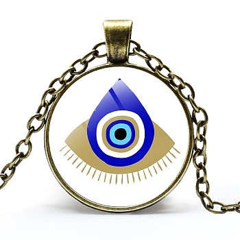 Alloy Cable Chain Necklaces, Glass Pendant Necklaces for Sweater, Antique Bronze, Evil Eye, 21-5/8 inch(55cm)