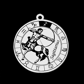 201 Stainless Steel Pendants, Laser Engraved Pattern, Flat Round with Constellation, Sagittarius, 33x30x1mm, Hole: 2mm